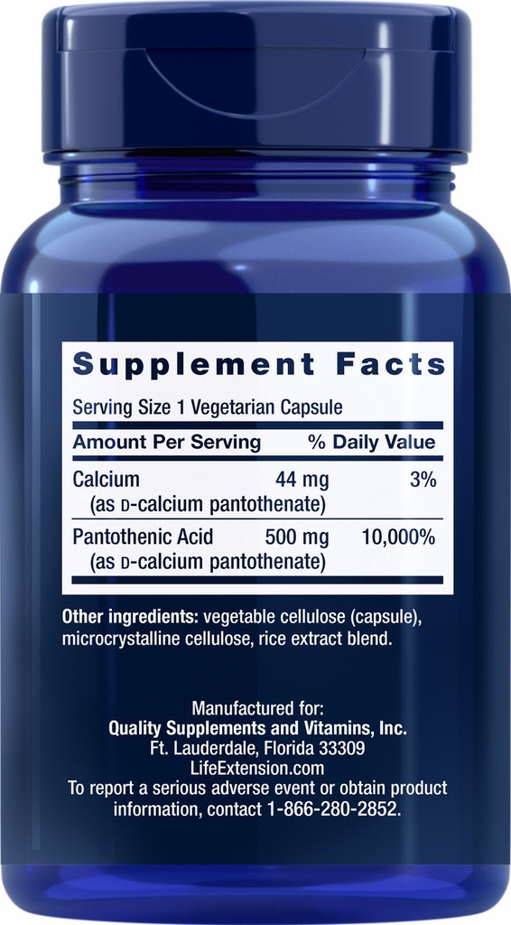 LIFE EXTENSION PANTOTHENIC ACID 500 MG 100 CAPSULAS