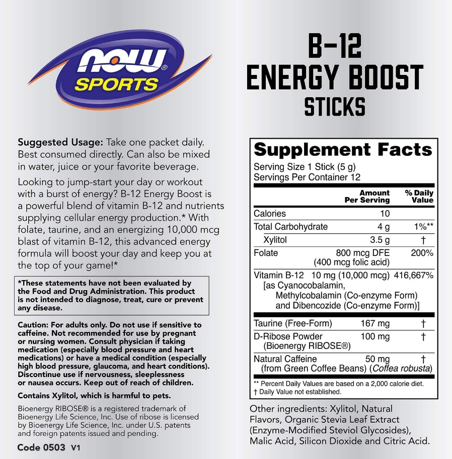 NOW B12 ENERGY BOOST STICKS  12 sticks/Pk