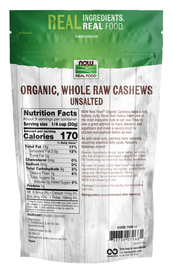 Now Organic Cashews, Raw  10 Oz